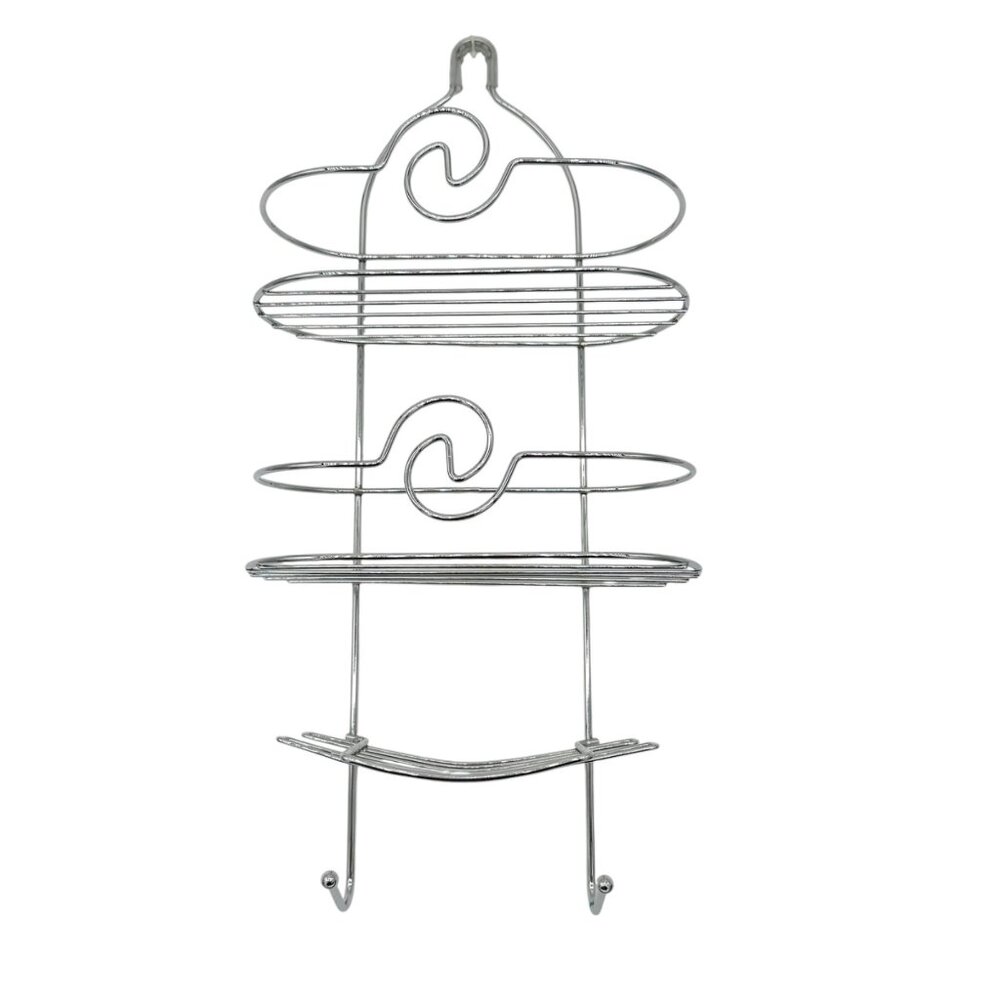 3-Tier Silver Chrome Shower Caddy Hooks & Swirl Design For Bathroom Organization